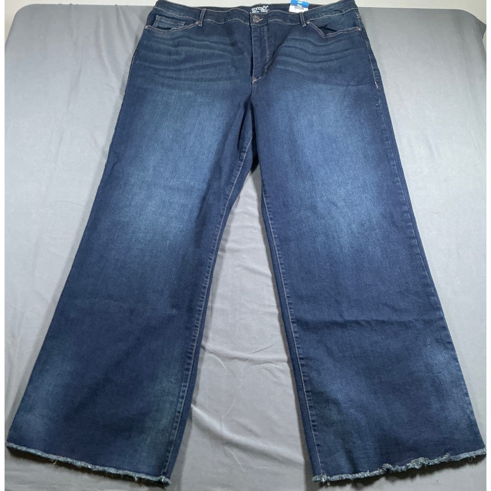 Terra & Sky Womens 22W Wide Leg Jeans Dark Wash Raw Hem High Rise Plus Size NEW